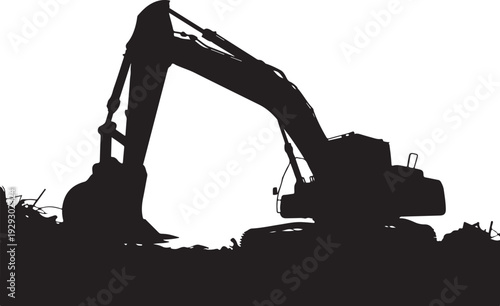Black silhouette of excavator on pile of rubble construction