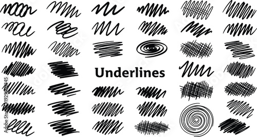 Hand drawn scribble underlines and textured strokes collection with messy lines and spirals in cad drawing flat vector illustration for design