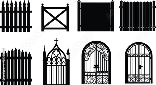 Vector silhouette icon set featuring decorative iron gates, gothic archways, rustic wooden picket fences, garden barriers, and farm gate designs isolated on a white background.