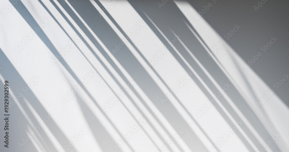 Fototapeta premium Soft Palm Shadow Pattern on Textured Wall Cast by Sunlight, Minimal Abstract Light and Lines