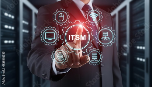 ITSM concept interface in data center as businessman touches virtual service management icons for IT operations and support featuring help desk, CMDB, ticketing system with workflow and automation