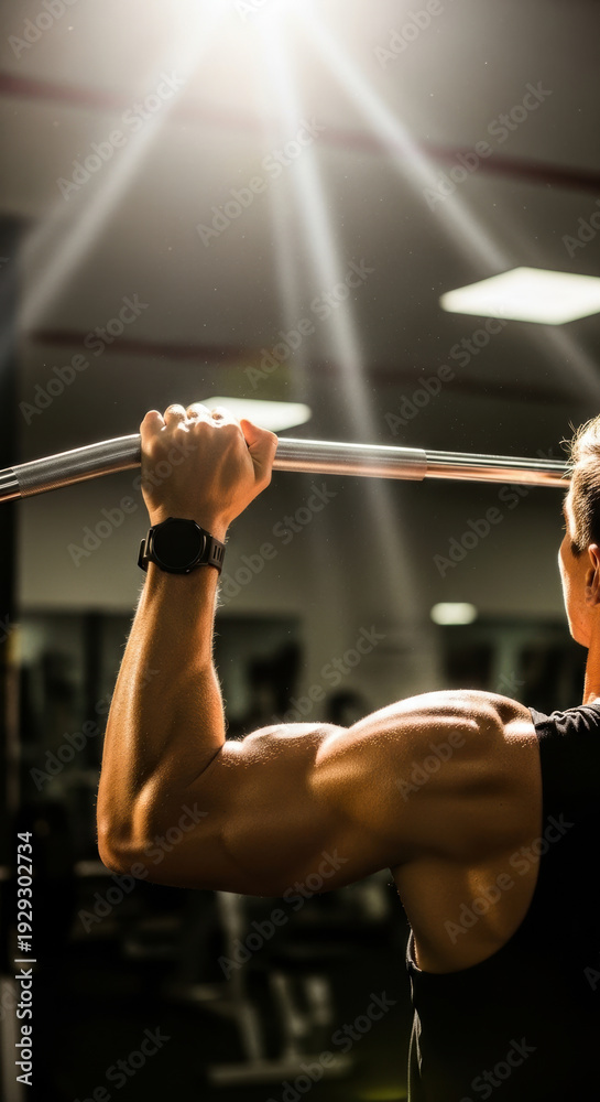 Naklejka premium Dedicated Strength Training: Muscular Arm Working Out in a Gym with Dramatic Lighting