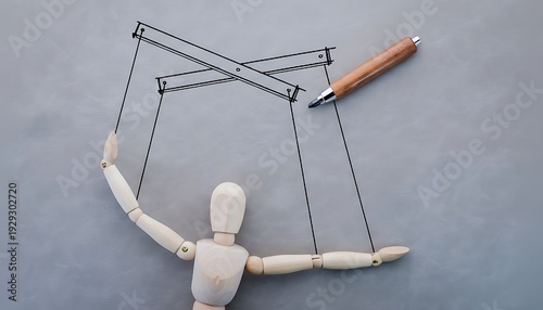 Marionette puppet concept with wooden mannequin controlled by sketched strings and pen on grey background, manipulation metaphor featuring puppetry, control, influence with coercion and power