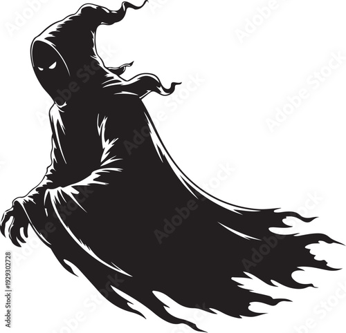 Black silhouette of hooded figure with glowing eyes and flowing cloak