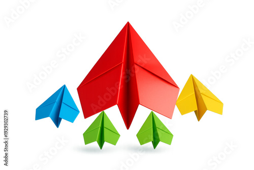 Red paper airplane leading colorful team aircraft
