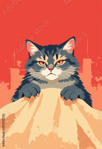 fluffy cat intensely kneading blanket making biscuits cat has hyperserious manga expression heavily crosshatched shading over eyes Rendered flat Soviet red, black ink, cream Dynamic manga speed lines 