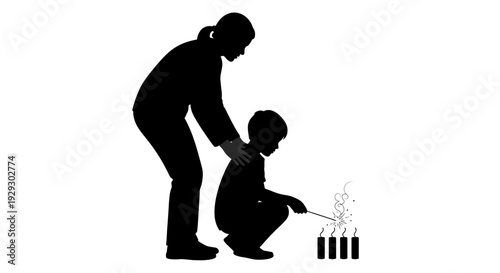 Silhouette of adult guiding child to light fireworks safely.