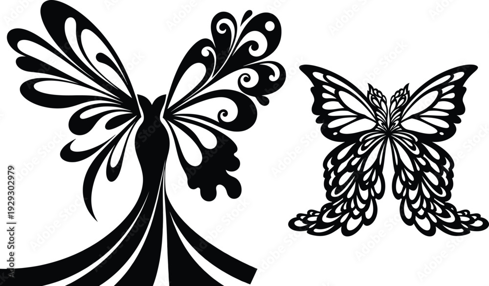 Fototapeta premium Elegant butterfly wing dress silhouette and decorative floral insect pattern isolated on white background art.