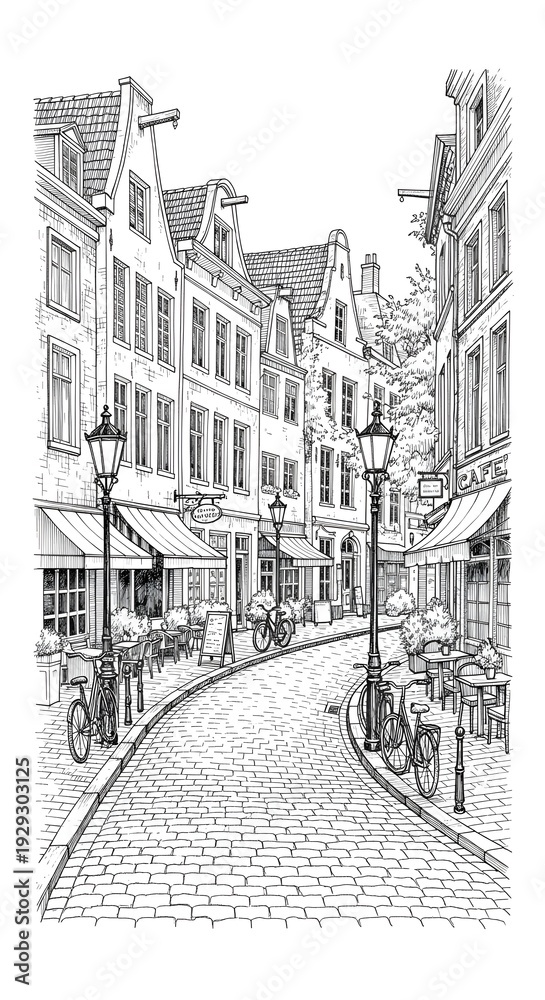 Fototapeta premium Romantic European Old Town Alley with Cobblestone Street, Vintage Bicycles and Cozy Café Terraces at Golden Hour