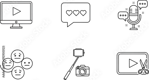 Online video content creation and audience engagement line icon set with streaming podcast reactions and editing