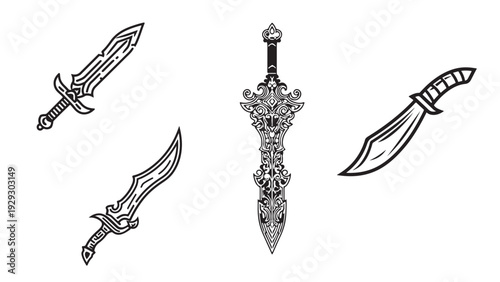 Set of Fantasy Sword Vector Line Art Designs Concept Art