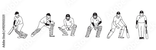 Set of six different cricket batsman stances and batting poses isolated on white