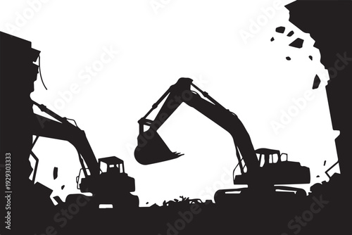 Black silhouette of two excavators digging through wall