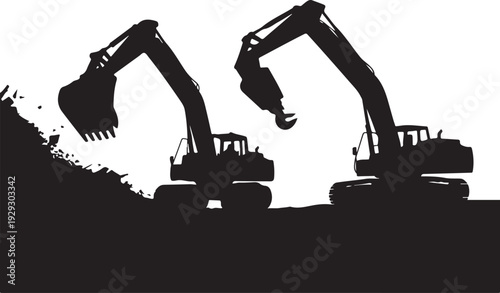 Black silhouette of two excavators digging into a pile of dirt