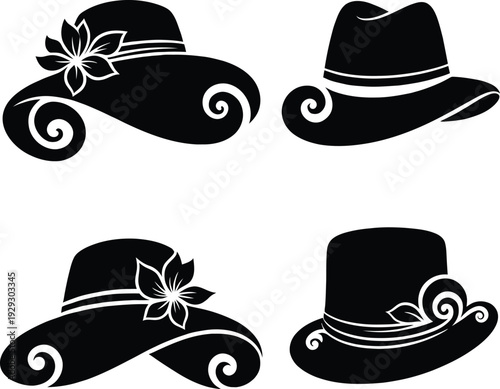 Collection of elegant women's vintage hats with floral and swirl decorations isolated on white background silhouette.