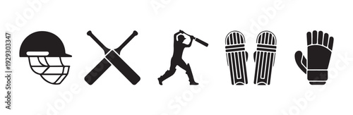 Essential cricket gear icons including helmet crossed bats player hitting ball pads glove