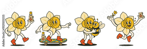 Cute vintage daffodil mascot character set in playful spring poses holding bulbs, hugging bee and jumping with joy
