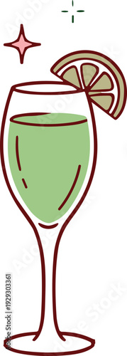 Hand-drawn doodle illustration of a pink hurricane glass cocktail with a straw, red cherry, and orange slice garnish, symbolizing a tropical alcoholic beverage