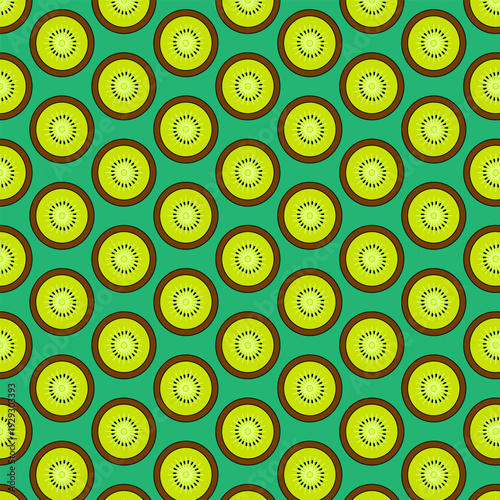 Seamless pattern of fresh green kiwi slices with brown seeds and circular brown outline on a vibrant green background, perfect for digital and print