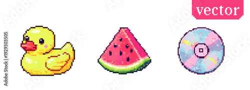 Pixel art cute duck watermelon and disc icons in retro 8 bit style