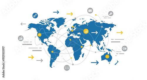 global communication network, world map with icons