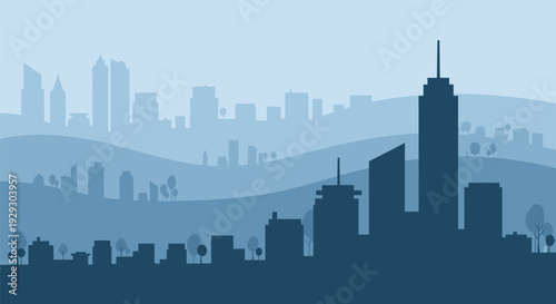 City Skyline Silhouette Against Fading Hills.