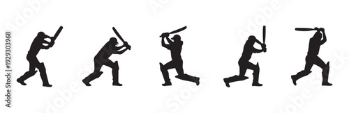 Series five black silhouette graphics of batsman executing various shots during game