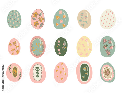 Set of pastel Easter eggs with floral and botanical patterns. Cute hand drawn vector illustration with decorative elements, soft colors and minimal style, isolated on light background. Perfect for spr