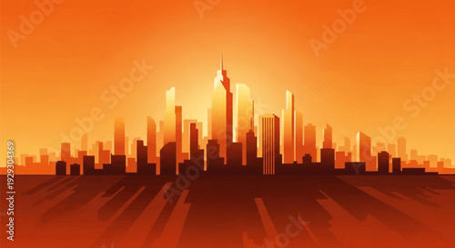 City Skyline Silhouette Against Orange Sunset.