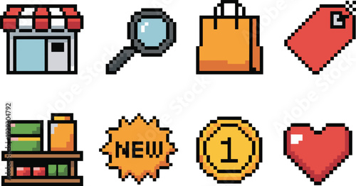 Pixel art ecommerce shopping icons set, store search bag discount new coin heart shelf retail marketplace illustration