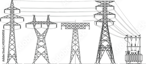 Electrical transmission towers and substation transformer equipment, high voltage power grid infrastructure vector line illustration isolated