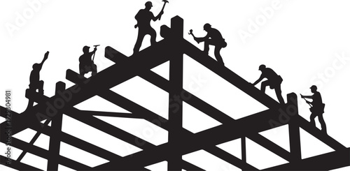 Black silhouettes of construction workers on roof frame