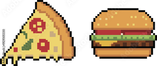 Pixel art fast food icons featuring pizza slice and hamburger, retro 8bit restaurant game asset sprites