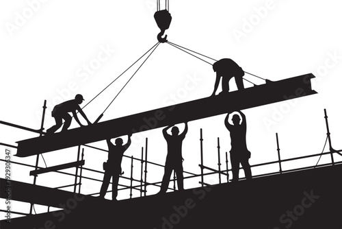 Black silhouettes of construction workers placing a beam