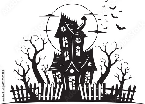 Minimal Halloween Haunted House Vector – Black and White Spooky Illustration with Bats and Trees