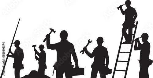 Black silhouettes of construction workers with tools