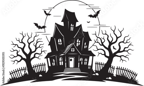 Minimal Black and White Haunted House Vector Illustration – Spooky Halloween Scene with Bats and Full Moon