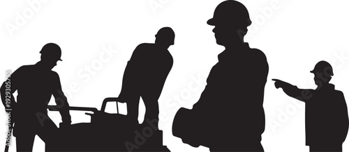 Black silhouettes of four construction workers with hard hats