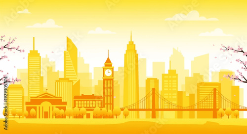 City Skyline Silhouette Against Yellow Sky.