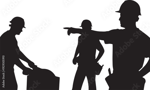 Black silhouettes of three construction workers in hard hats