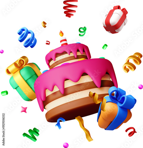3d cartoon birthday cake with gifts and confetti