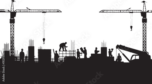 Construction site silhouette with cranes and workers