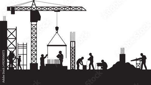 Construction site with crane and workers building
