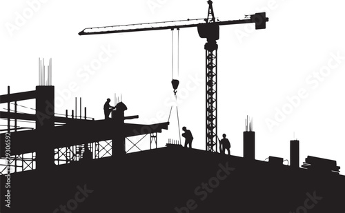Construction site with crane and workers building