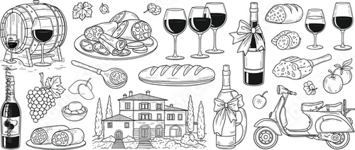 Italian wine and food collection with vineyard villa, wine bottles glasses and traditional appetizers set, cad drawing flat vector illustration