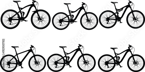Set of mountain bike silhouettes isolated on white background, detailed bicycle sport vector collection for cycling designSet of mountain bike silhouettes 