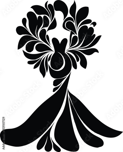 Artistic silhouette of a woman in an elegant gown featuring intricate floral patterns and organic leaf details.