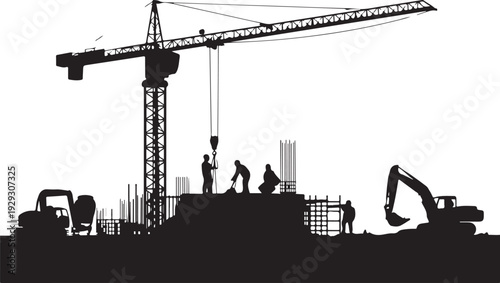 Construction site with crane and workers excavator