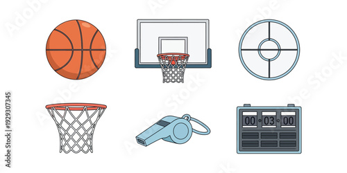 Collection of vector illustrations of basketball sports equipment.