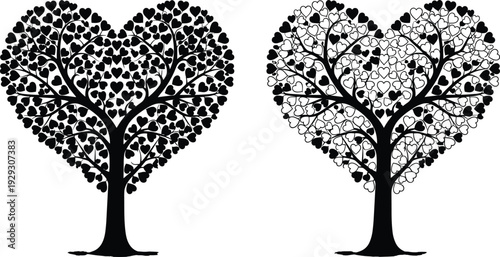 Heart shaped tree silhouette, love concept illustration, romantic nature design, black and white heart leaves artwork, valentine symbol